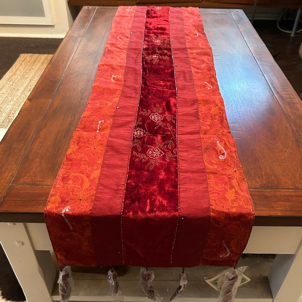 K&K Red Silk Blend & Velvet Table Runner (from India) 16x72 Inch w/Tassels NWT
